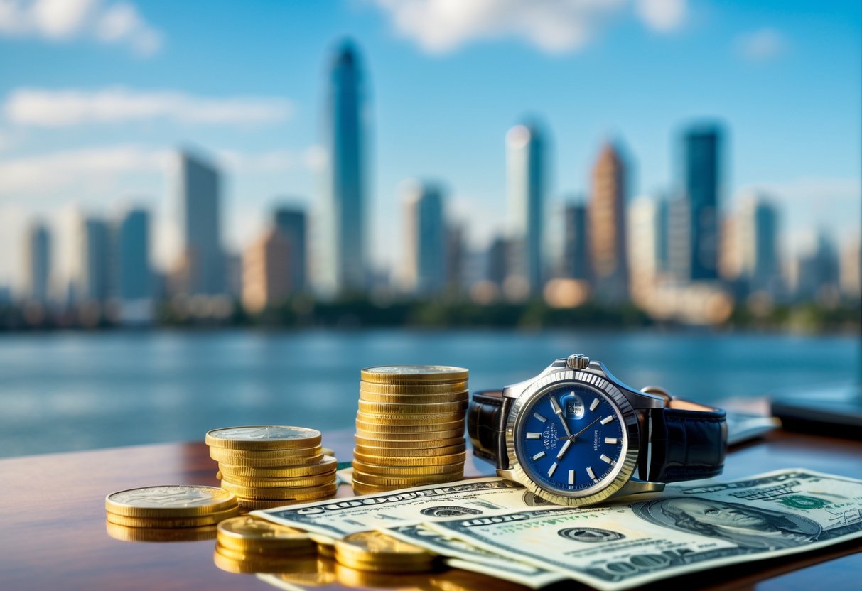 A close-up of gold coins, US dollar bills, and a luxury wristwatch on a wooden desk with a city skyline in the background.