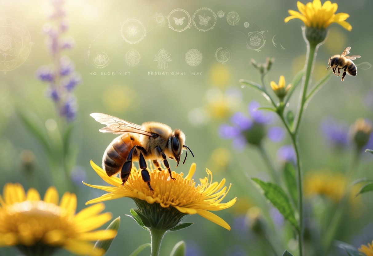 A close-up of a honeybee on a yellow flower in a sunlit meadow with other flowers and soft green foliage in the background.