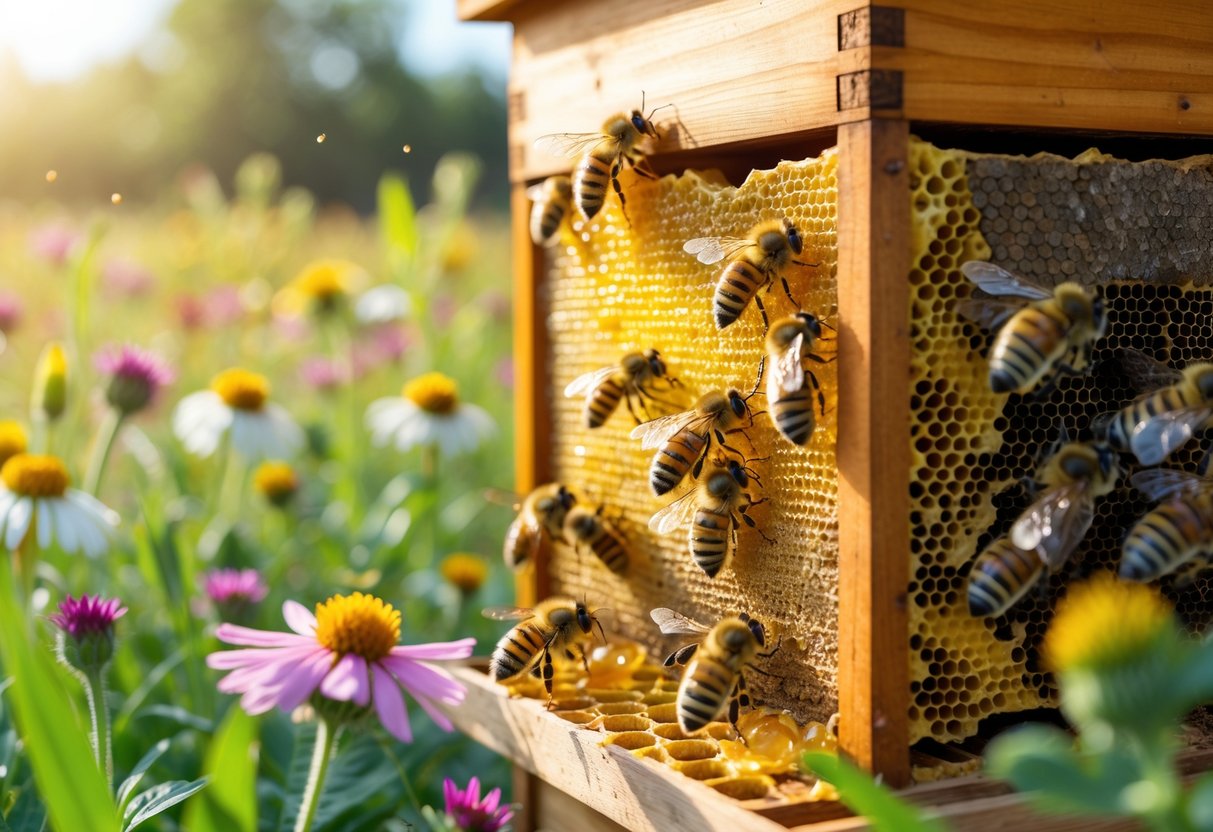 Close-up of bees working on a honeycomb in a sunlit meadow surrounded by wildflowers.