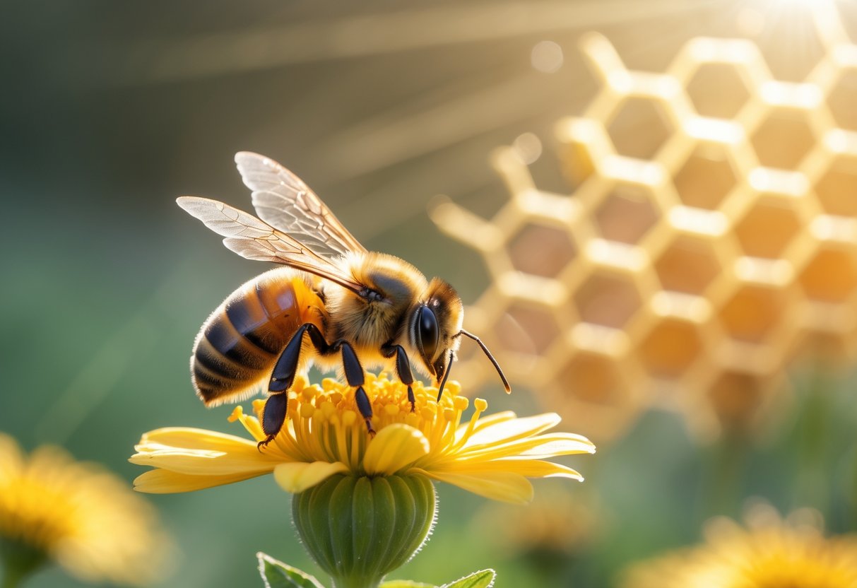Close-up of a honeybee on a yellow flower with a honeycomb pattern softly visible in the background.