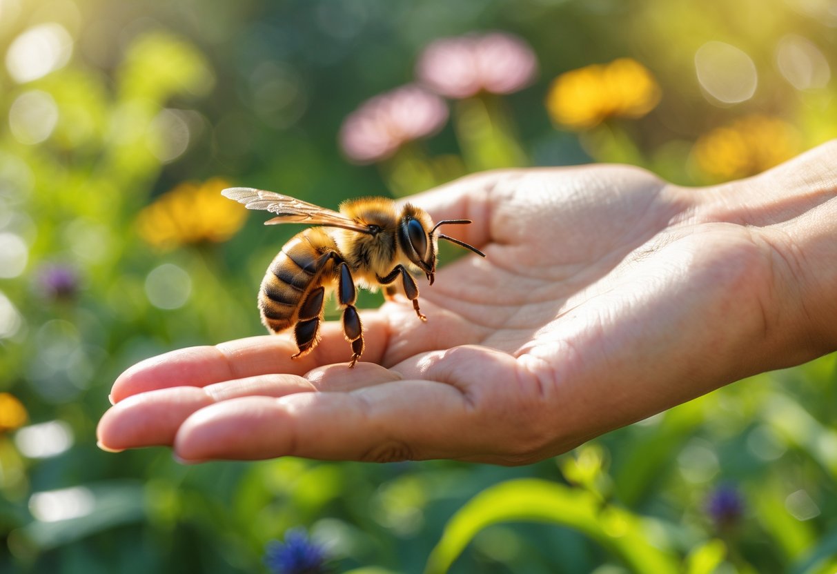 A honeybee landing on a person's outstretched hand in a sunlit garden with green plants and flowers in the background.