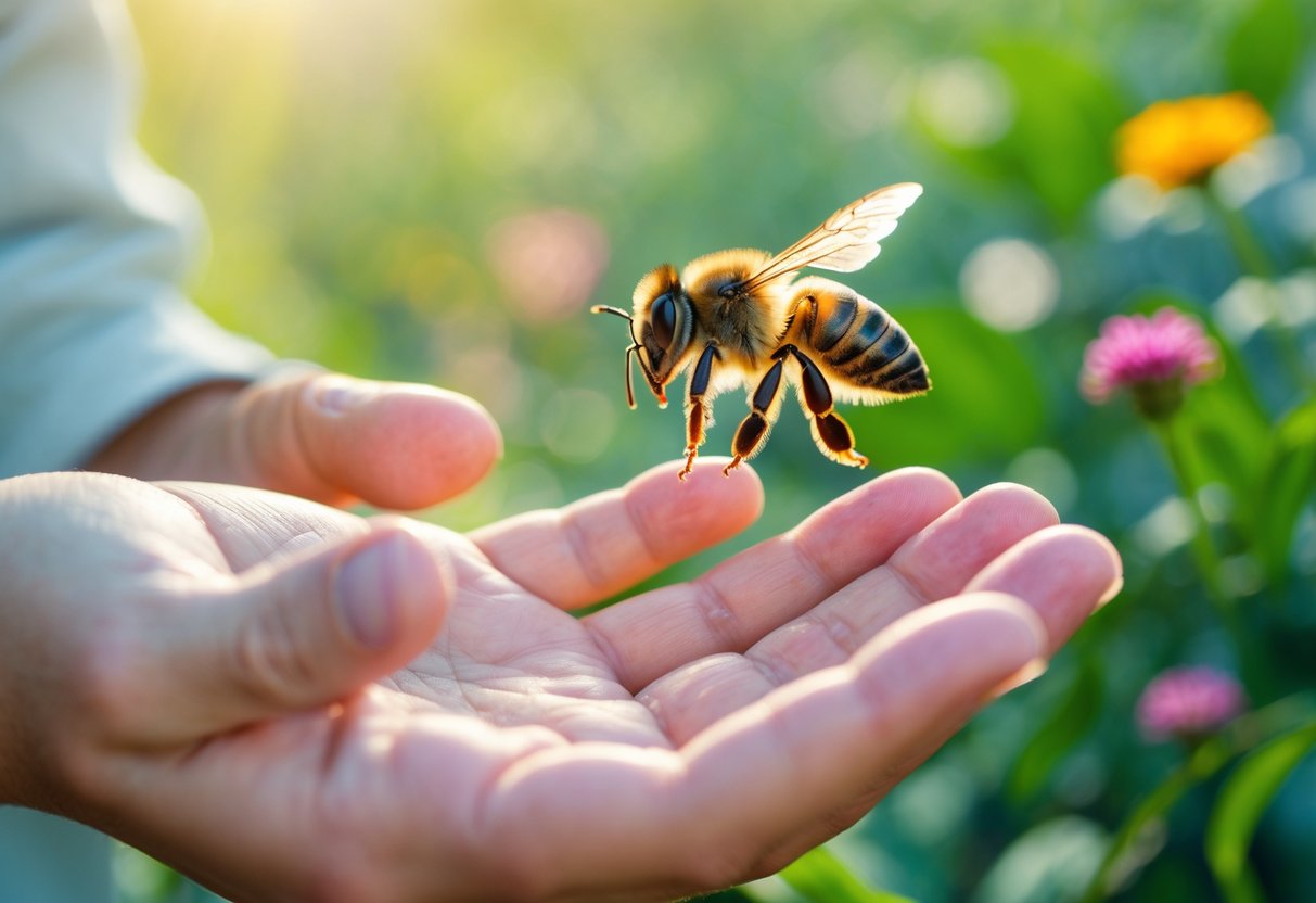 A close-up of a person gently observing a bee landing on their hand outdoors with green plants and flowers in the background.