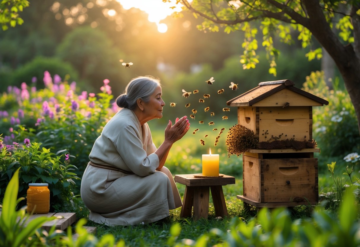 An elderly woman kneeling by a beehive in a garden at sunrise, gently interacting with bees.
