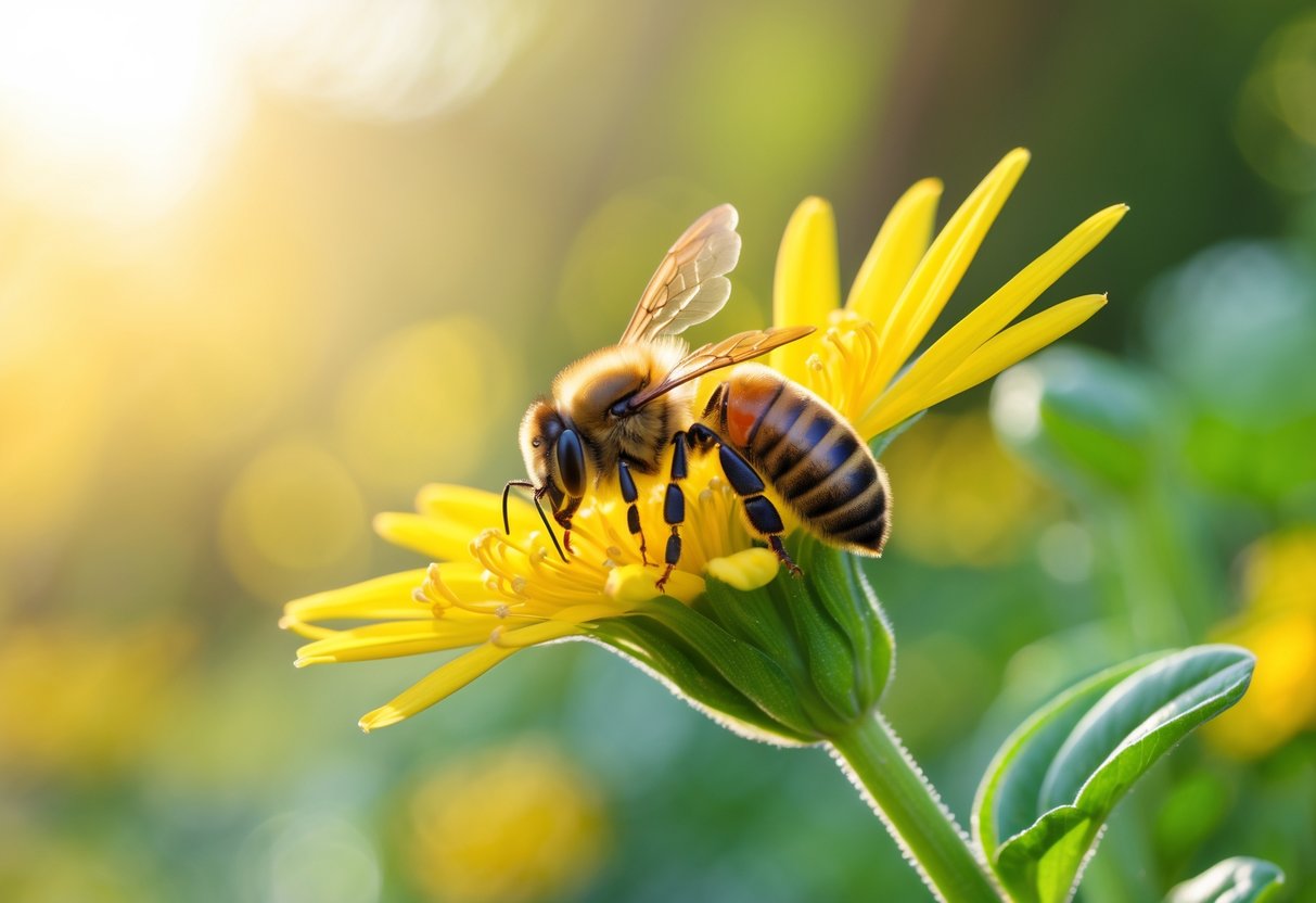 A close-up of a bee collecting nectar from a yellow flower with green leaves in the background.