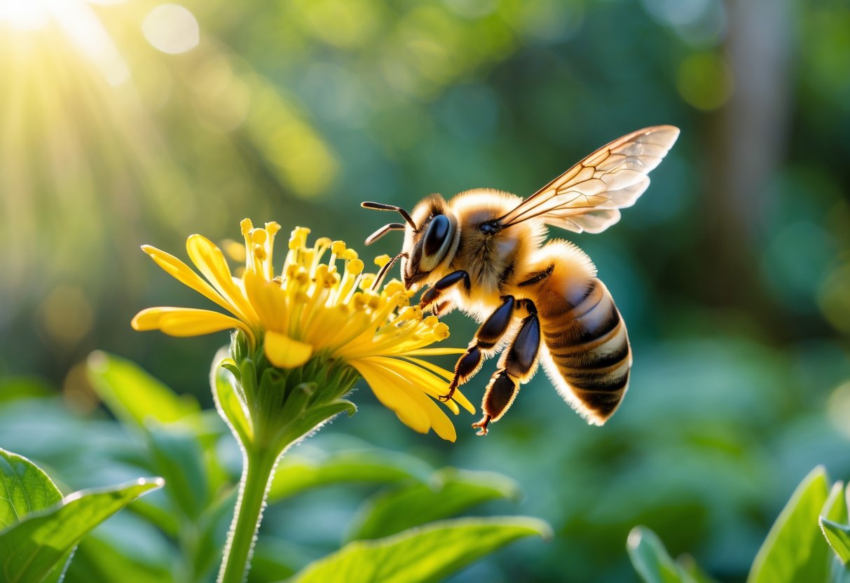 A honeybee flying towards a yellow flower in a green garden.