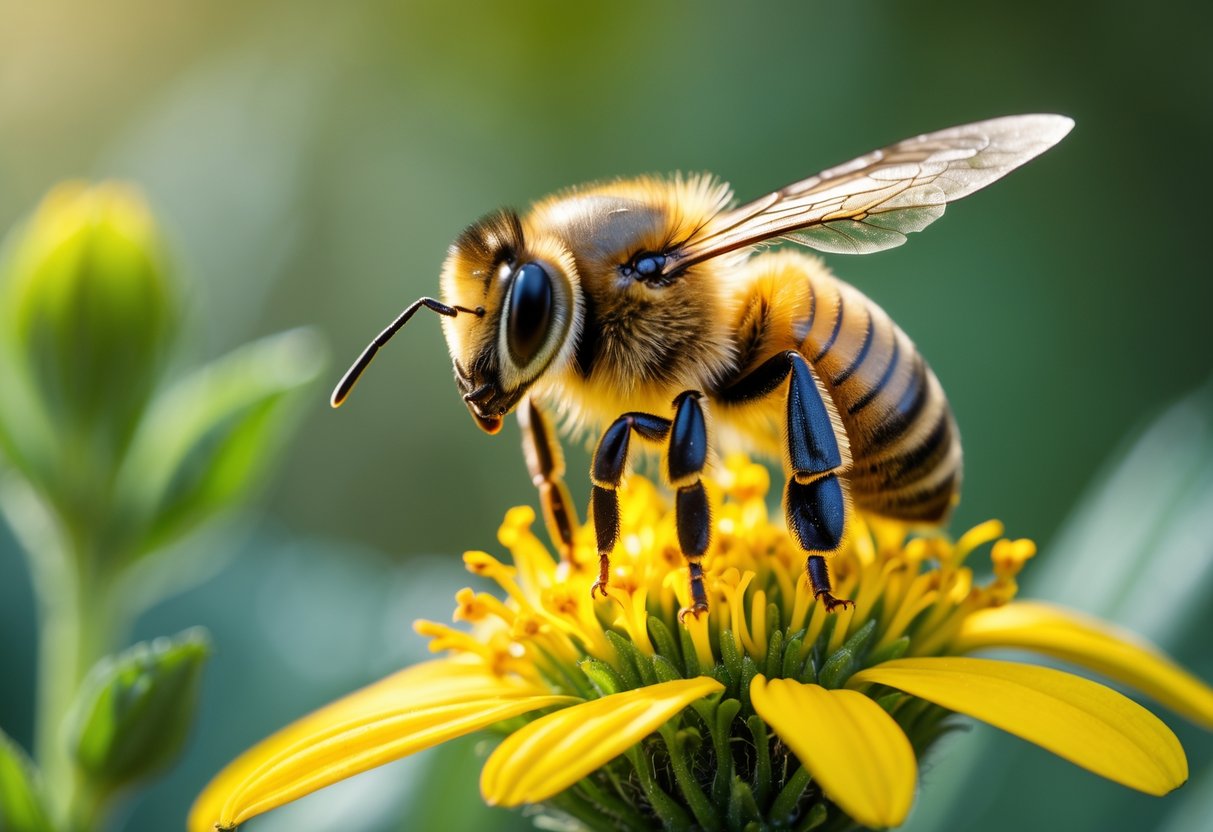 A close-up of a honeybee on a yellow flower with wings raised and antennae pointed forward, appearing alert.
