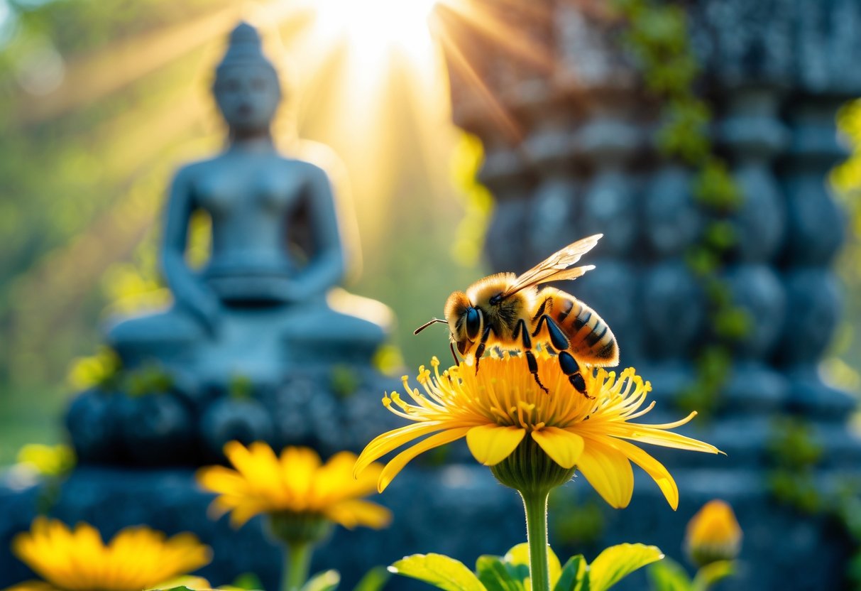 A close-up of a bee on a yellow flower with an ancient stone statue of a deity blurred in the background.