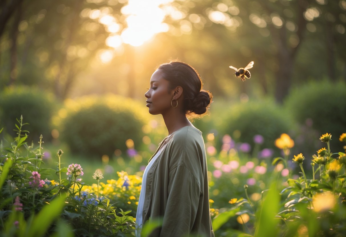A person standing in a garden with a bee flying gently around them.