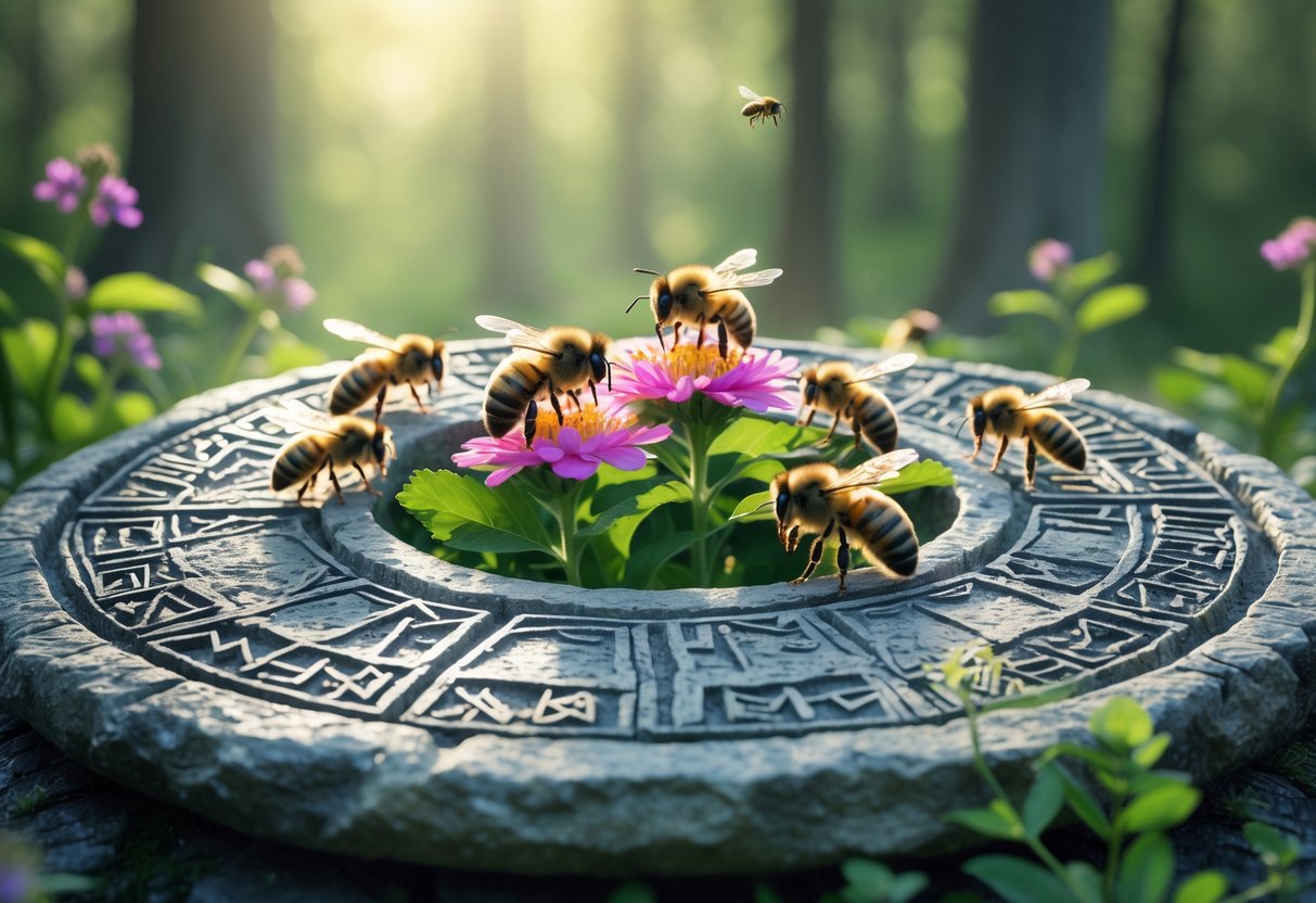 Close-up of bees pollinating flowers near an ancient stone altar engraved with Norse runes and European religious symbols in a forest setting.