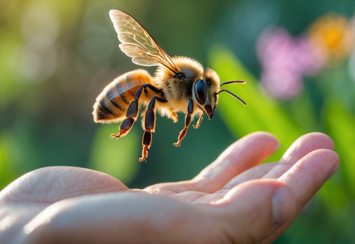 A bee flying close to a human hand surrounded by green plants and flowers.