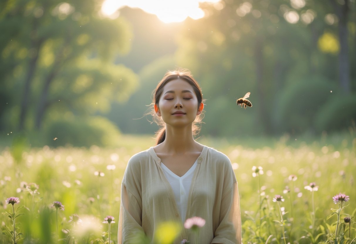 A person standing in a sunlit meadow with wildflowers as a bee flies near their face.