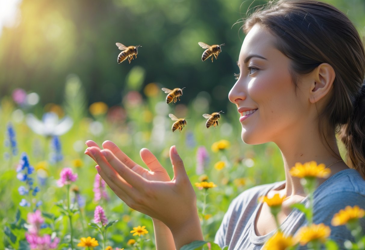 A person standing in a flower-filled garden with bees flying close to their face and hands.
