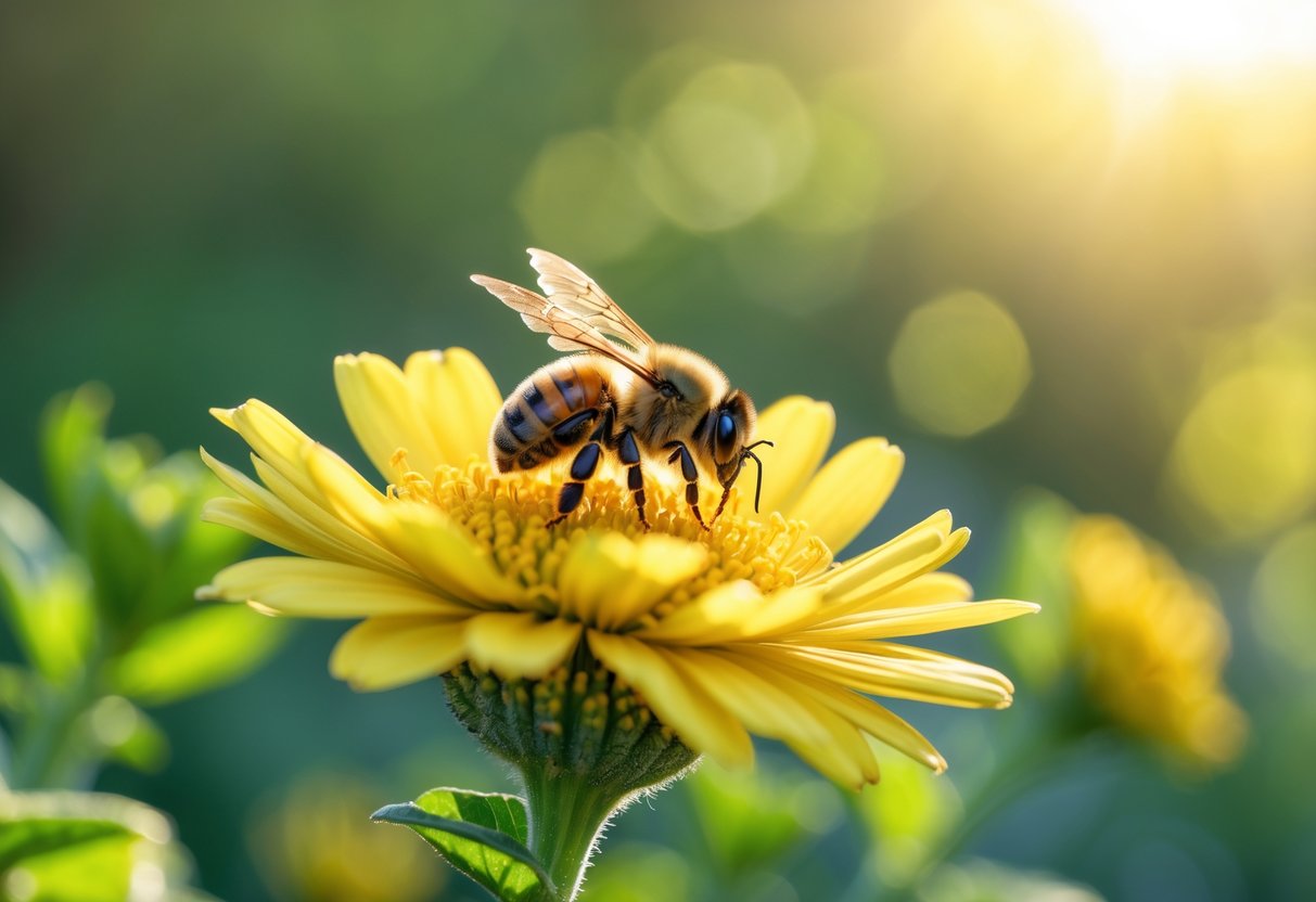 A close-up of a bee resting on a yellow flower surrounded by green leaves.