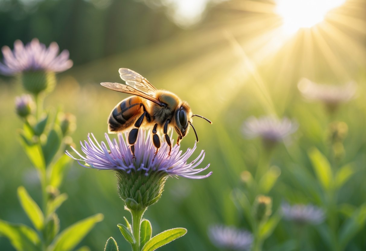 A native bee resting on a colorful wildflower in a sunlit meadow surrounded by green plants.