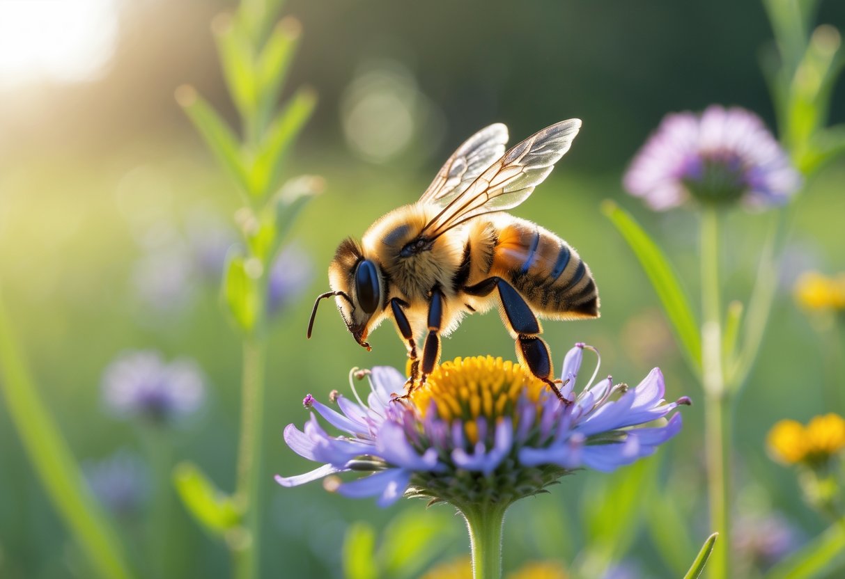 A native bee resting on a colorful wildflower in a natural meadow with green plants and flowers around it.