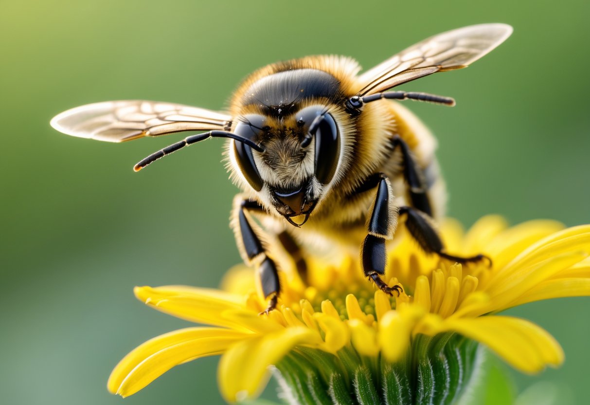 A close-up of a honeybee facing the camera while sitting on a yellow flower with a blurred green background.