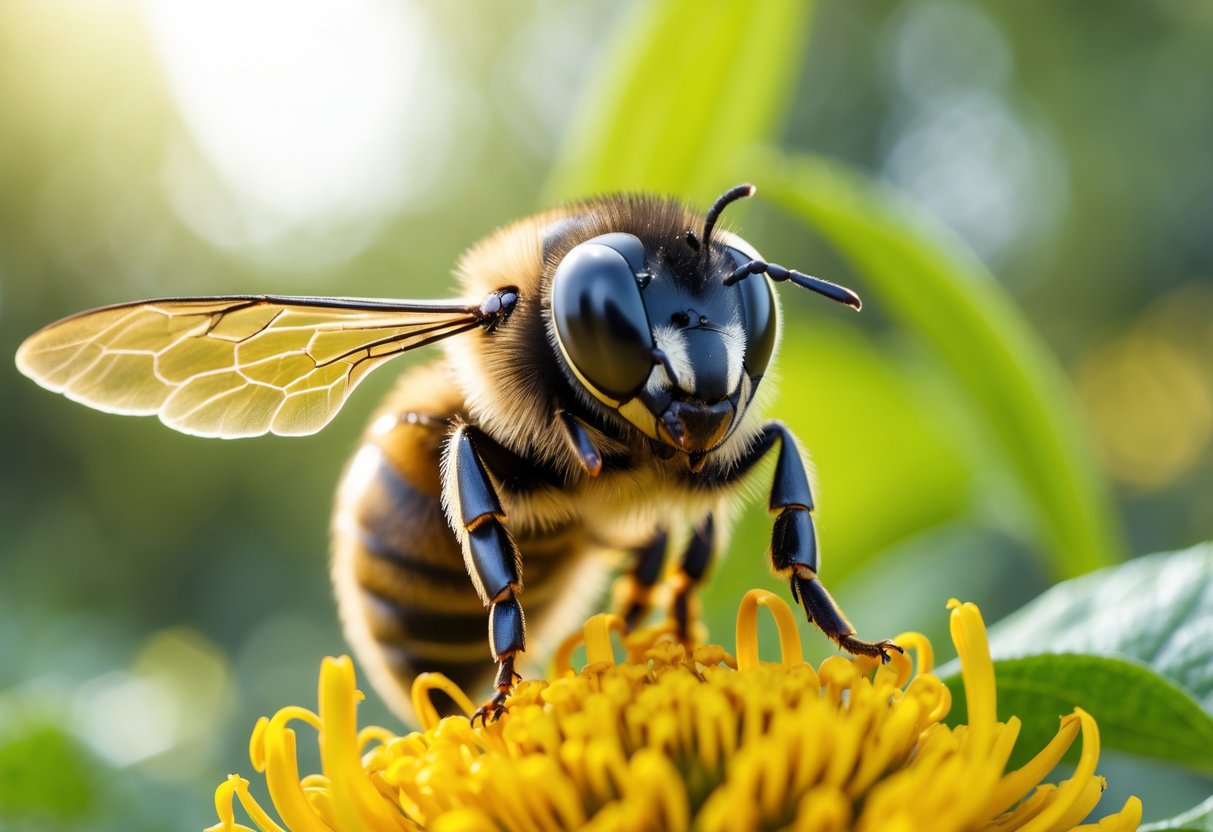 Close-up of a bee perched on a yellow flower with its eyes clearly visible, surrounded by green blurred background.