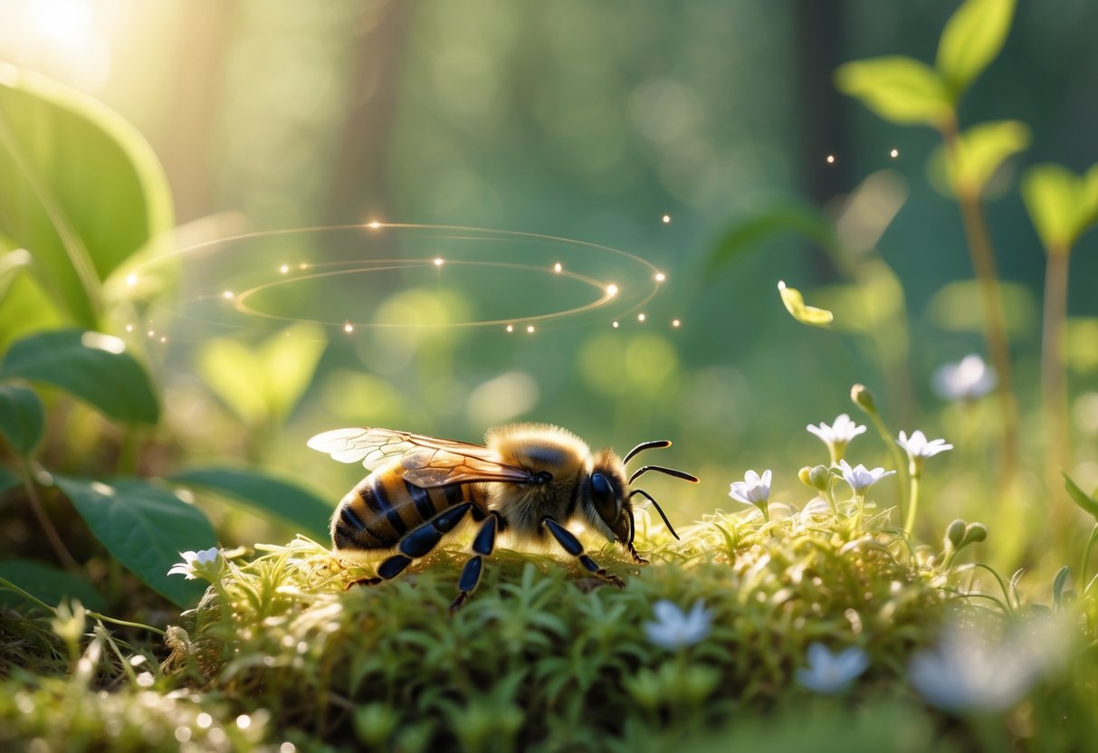 A close-up of a dead bee resting on moss and wildflowers in a peaceful natural setting with soft sunlight.