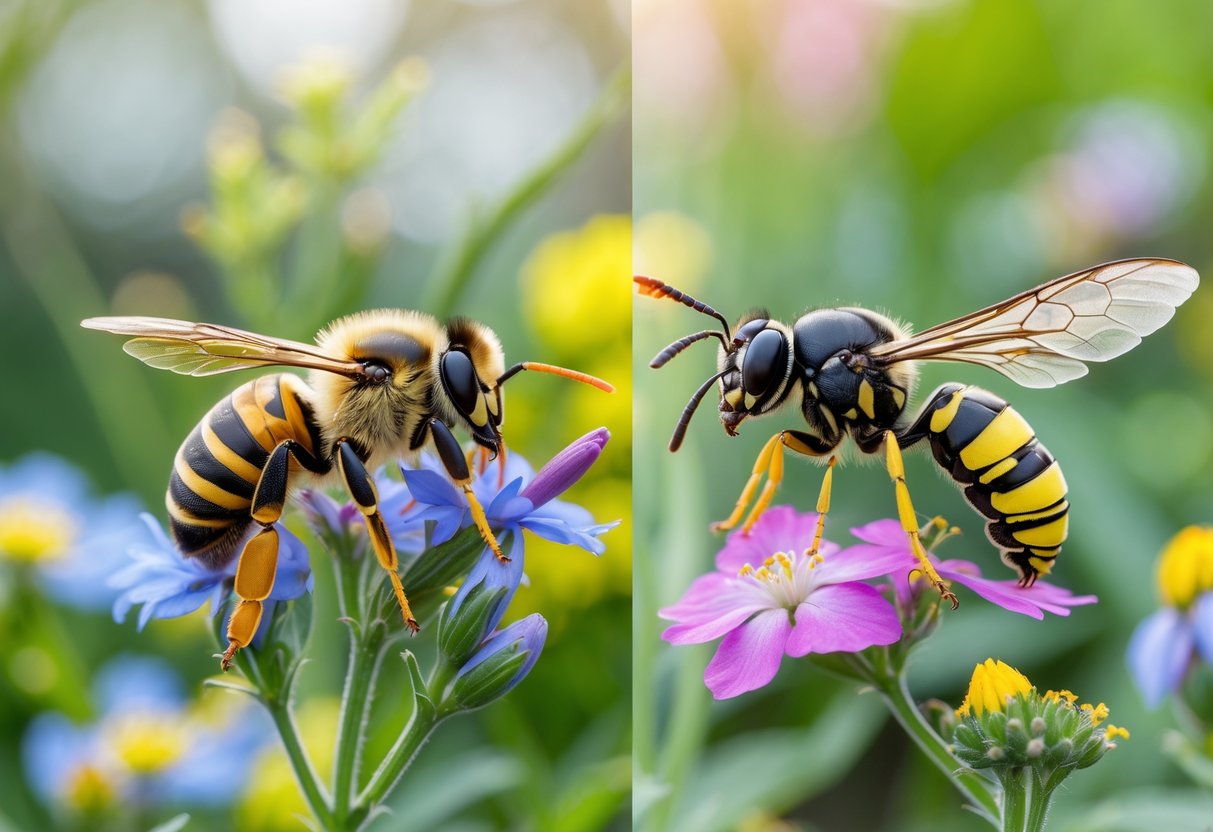 Close-up of a bee, a wasp, and a similar insect on flowers in a garden.