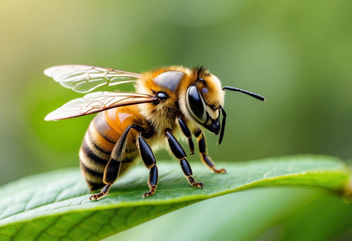 Close-up of a honeybee resting on a green leaf outdoors.