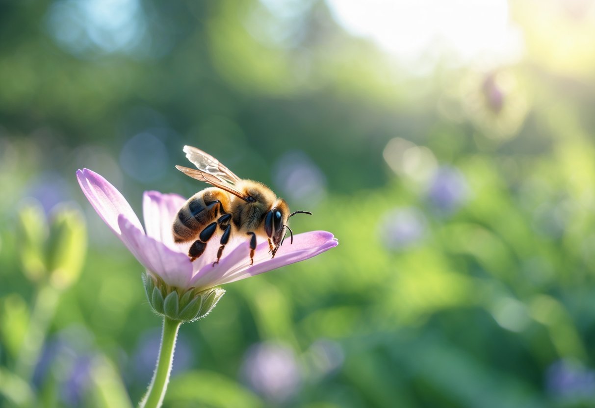 A close-up of a dead bee resting on a colorful flower petal in a garden setting.