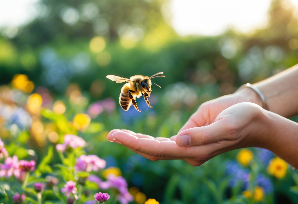 A honeybee hovering near a person's outstretched hand in a garden with flowers and greenery.