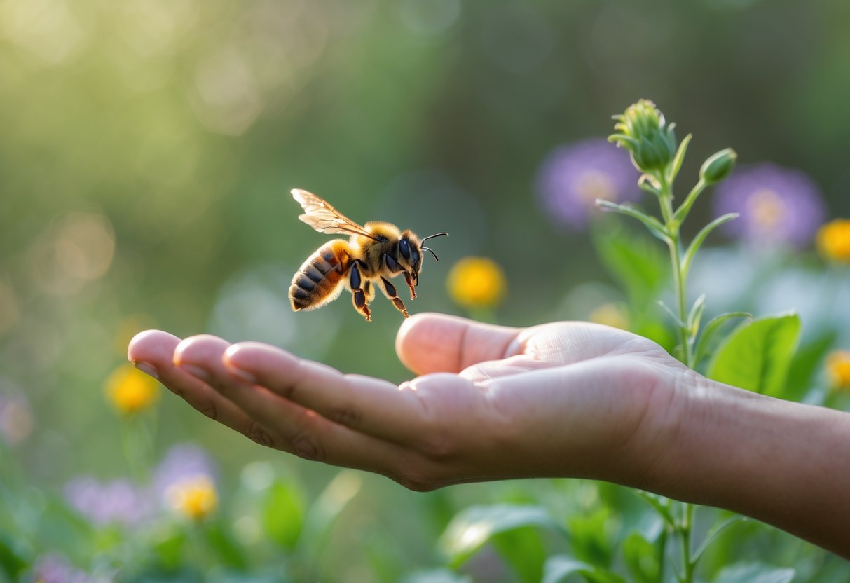A bee hovering near a person's outstretched hand outdoors with green plants and flowers in the background.