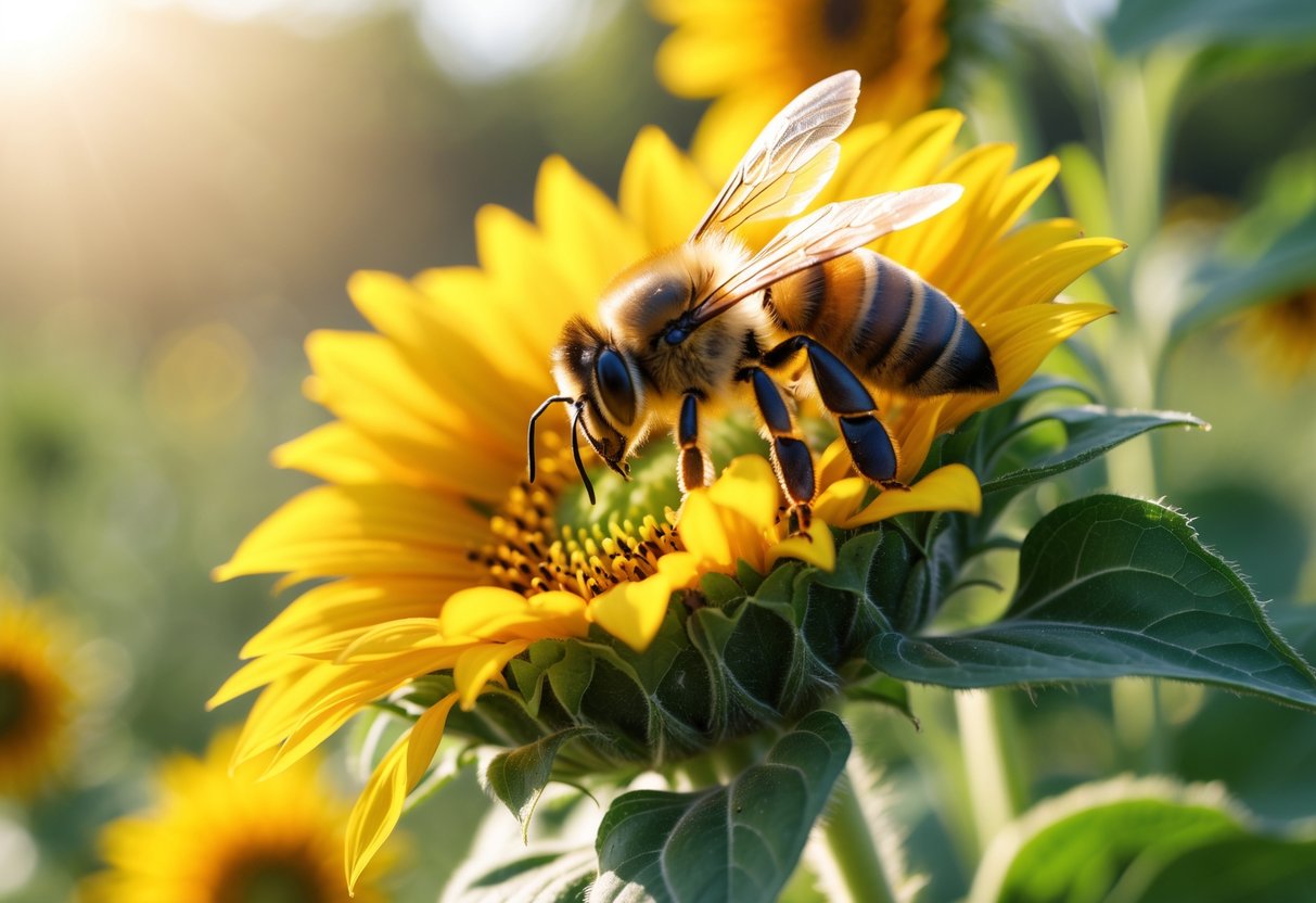 A honeybee collecting nectar on a bright yellow sunflower with green foliage in the background.