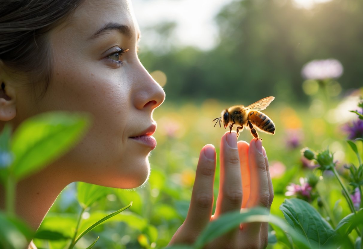A person outdoors with a bee hovering near their face in a garden with green plants and flowers.