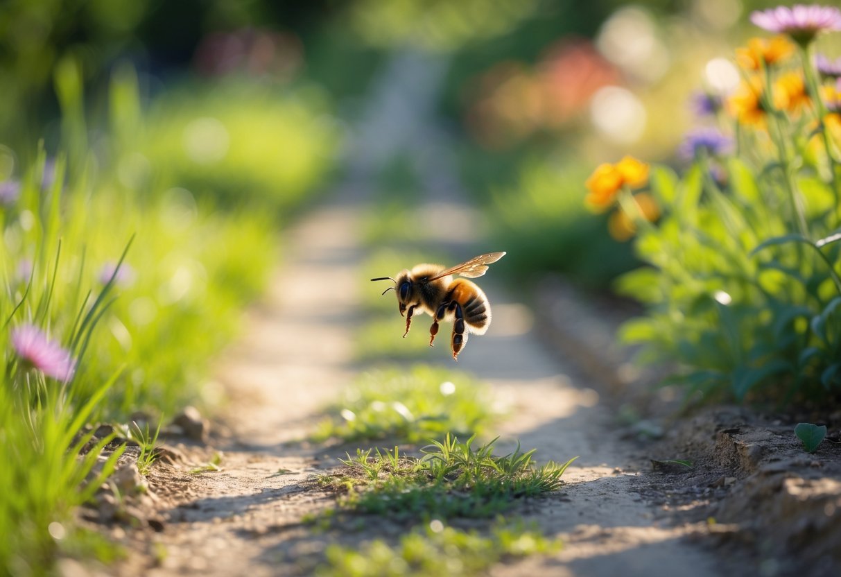 A bee flying just above a garden path surrounded by grass and wildflowers.