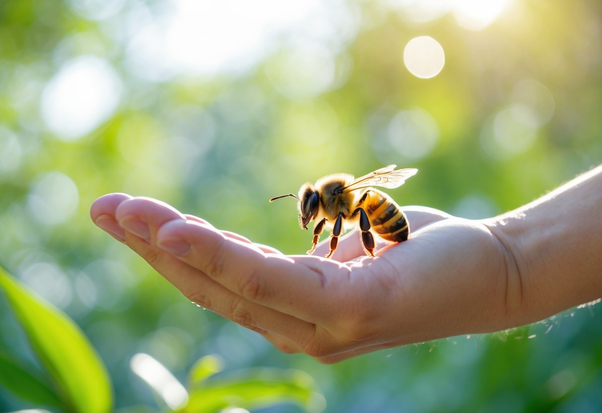 A close-up of a human hand with a honeybee resting on the fingertip against a blurred green background.