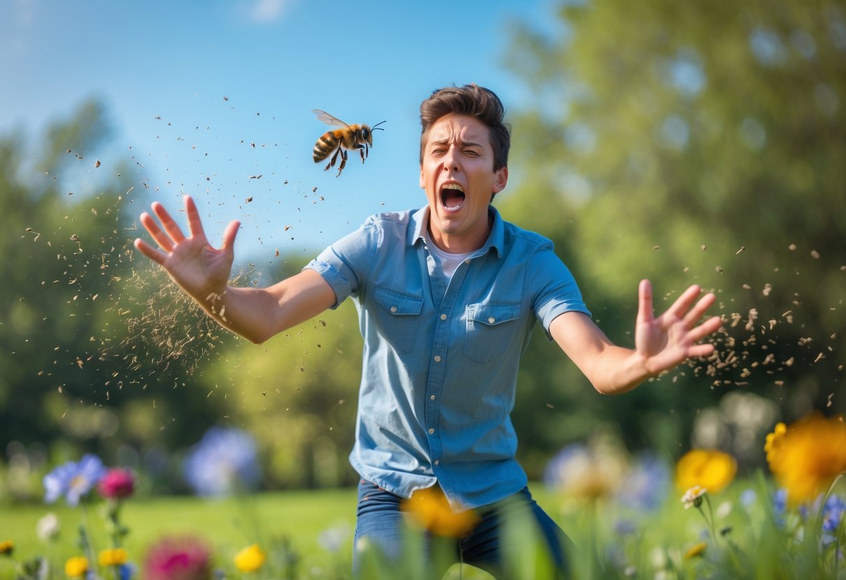 A person outdoors flailing their arms and swatting at a bee near their face in a garden.