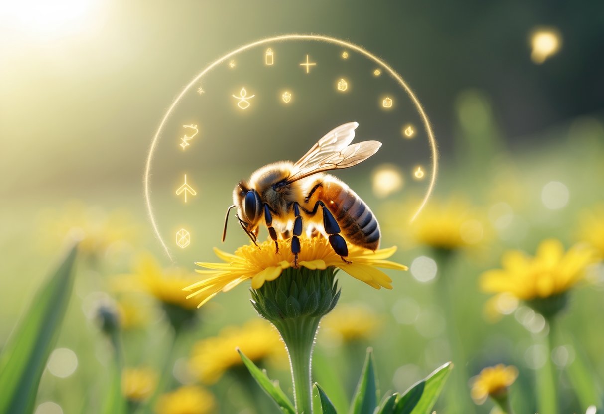 Close-up of a honeybee on a yellow flower with soft glowing shapes in the background suggesting mystical symbols.