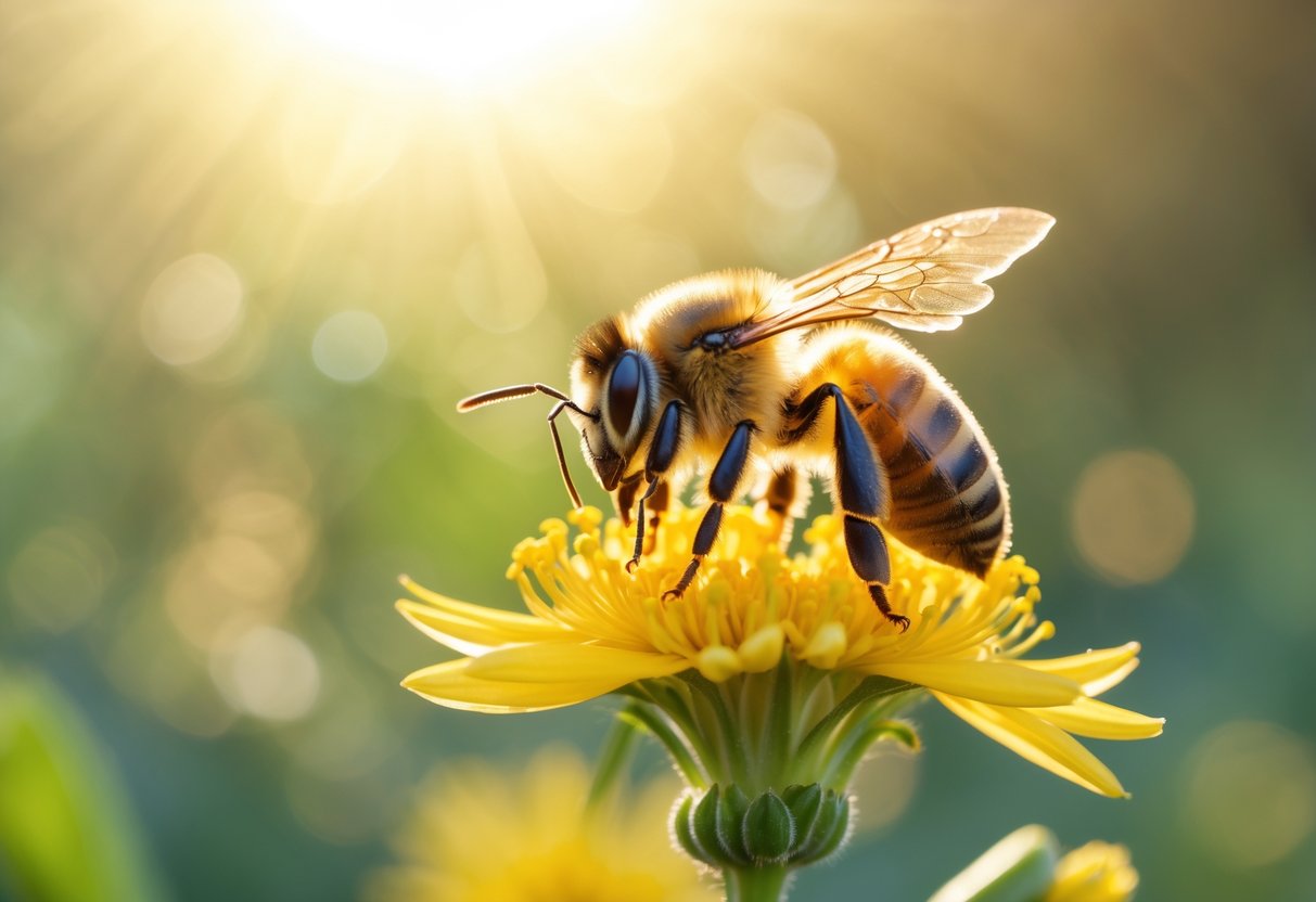 A close-up of a honeybee on a yellow flower with a blurred green and golden background.