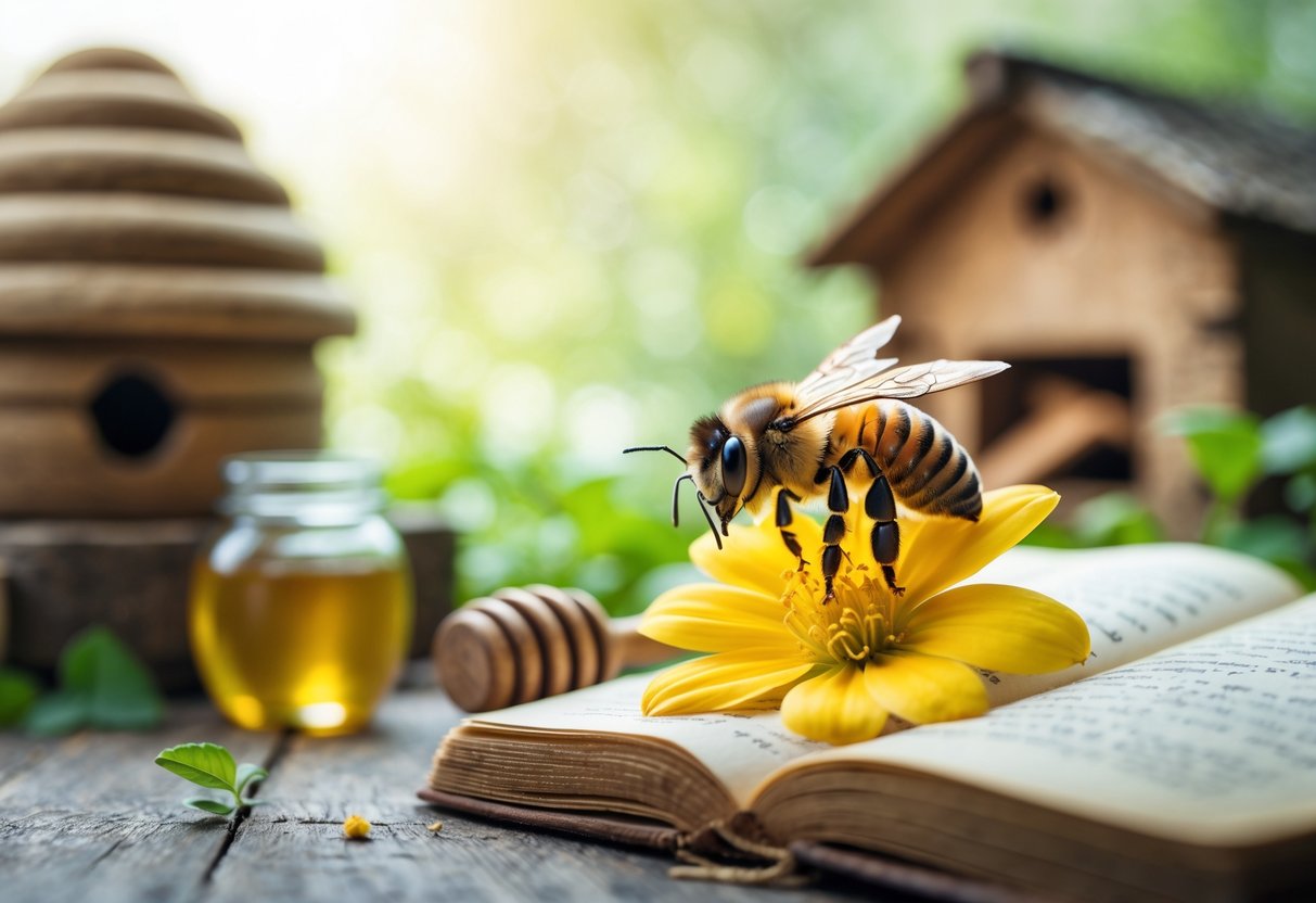 A close-up of a honeybee on a yellow flower with a wooden beehive, a jar of honey, and an old book in the background.