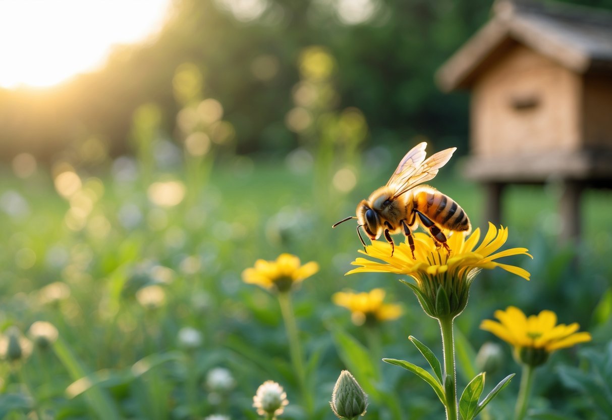 A close-up of a honeybee on a yellow flower with green plants and a wooden beehive in the background.
