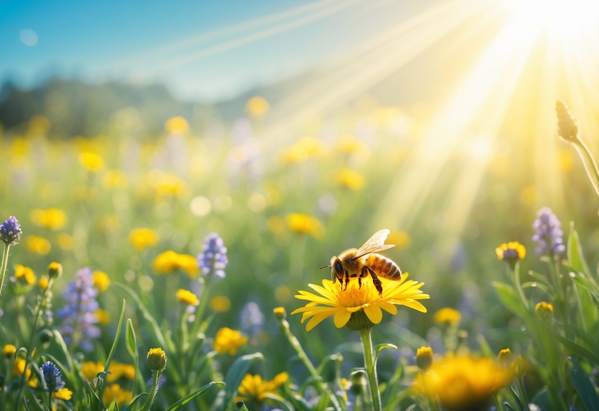A honeybee hovering near a yellow flower in a sunlit meadow with wildflowers and soft glowing light in the background.