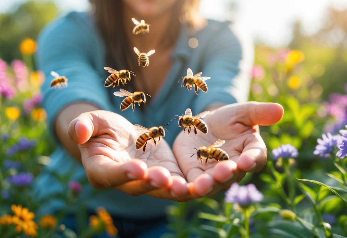 A person gently holding out their hand with honeybees landing on their fingers in a garden with flowers.