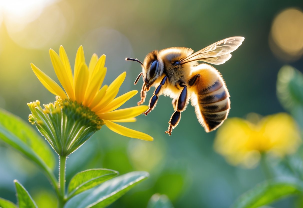 A honeybee hovering near a yellow flower in a garden.