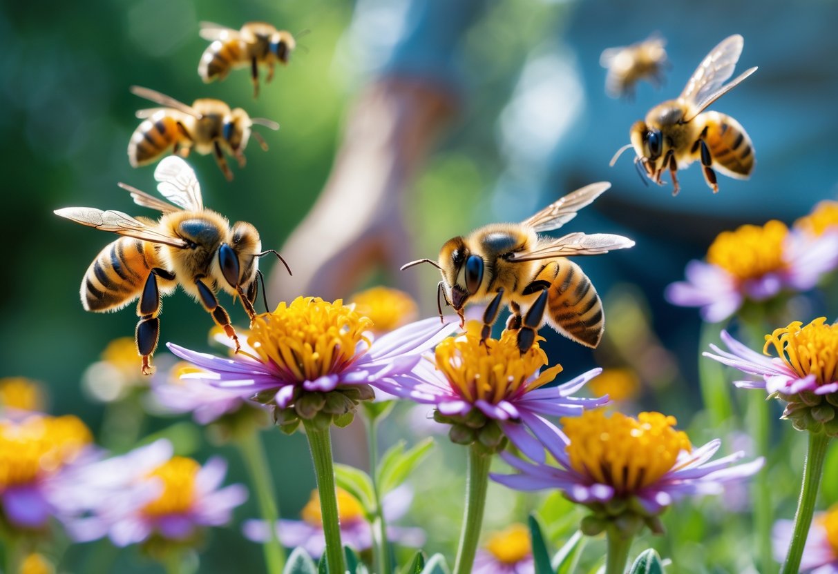 Close-up of bees hovering around flowers with a blurred figure approaching in the background.
