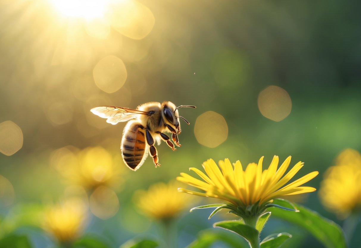 A close-up of a bee hovering near a yellow flower in a sunlit garden.