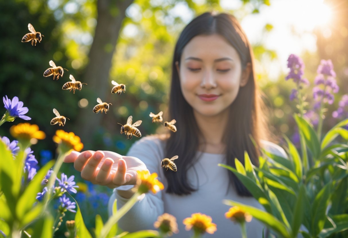 A person standing quietly in a garden with honeybees hovering around their hand and nearby flowers.