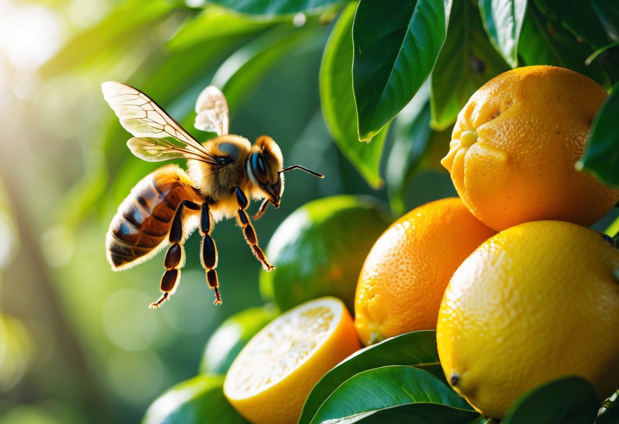 A close-up of a honeybee flying near fresh citrus fruits including lemons, oranges, and limes with green leaves in the background.