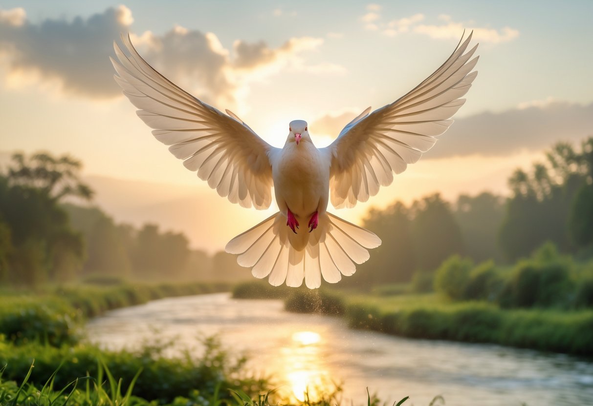 A radiant dove flying over a peaceful river and lush greenery at sunrise.