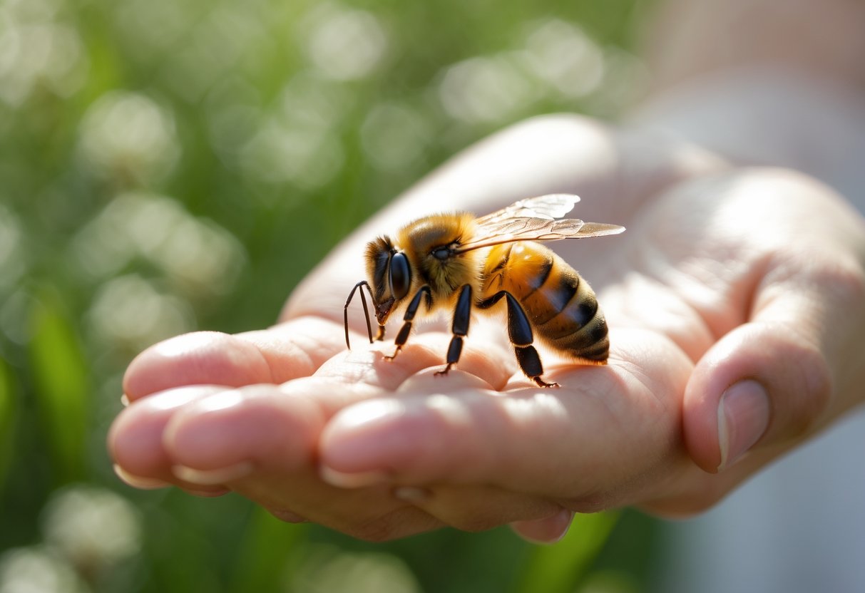 A honeybee resting calmly on a person's hand outdoors with green blurred background.