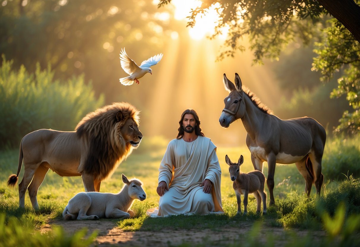 A peaceful figure surrounded by a lamb, lion, dove, and donkey in a sunlit natural setting.