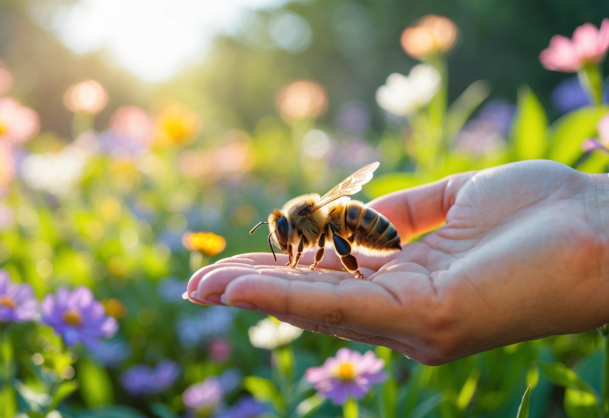 A bee landing on a person's hand surrounded by colorful flowers in a garden.