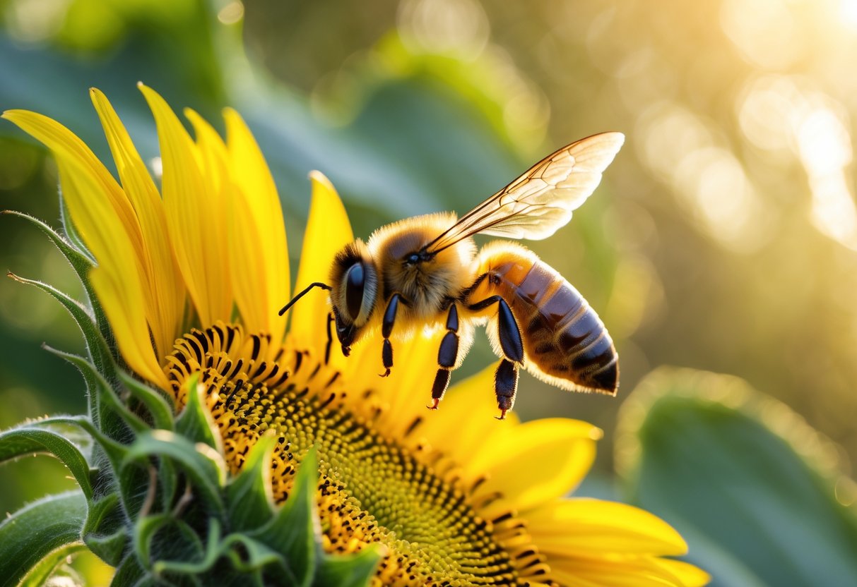 A honeybee collecting nectar from a bright yellow sunflower with green plants in the background.