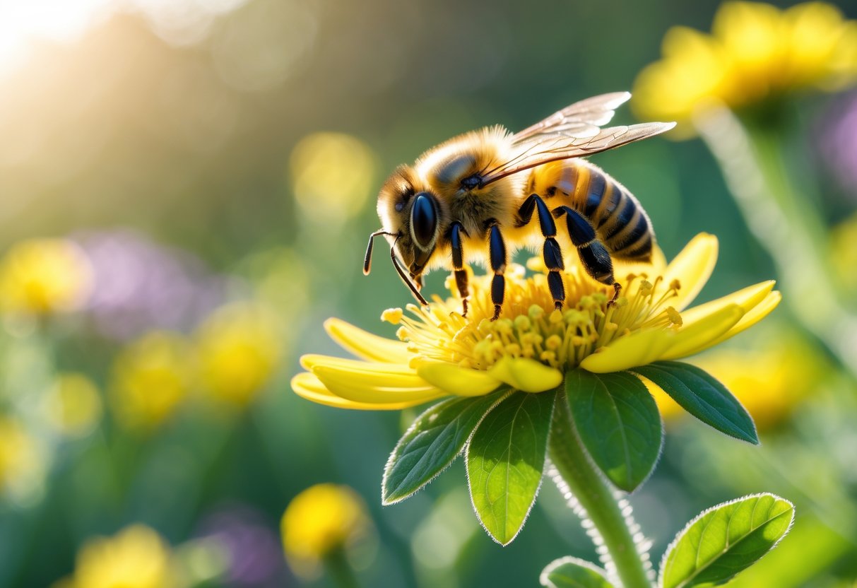 Close-up of a honeybee on a yellow flower in a sunlit garden with flowers and greenery in the background.