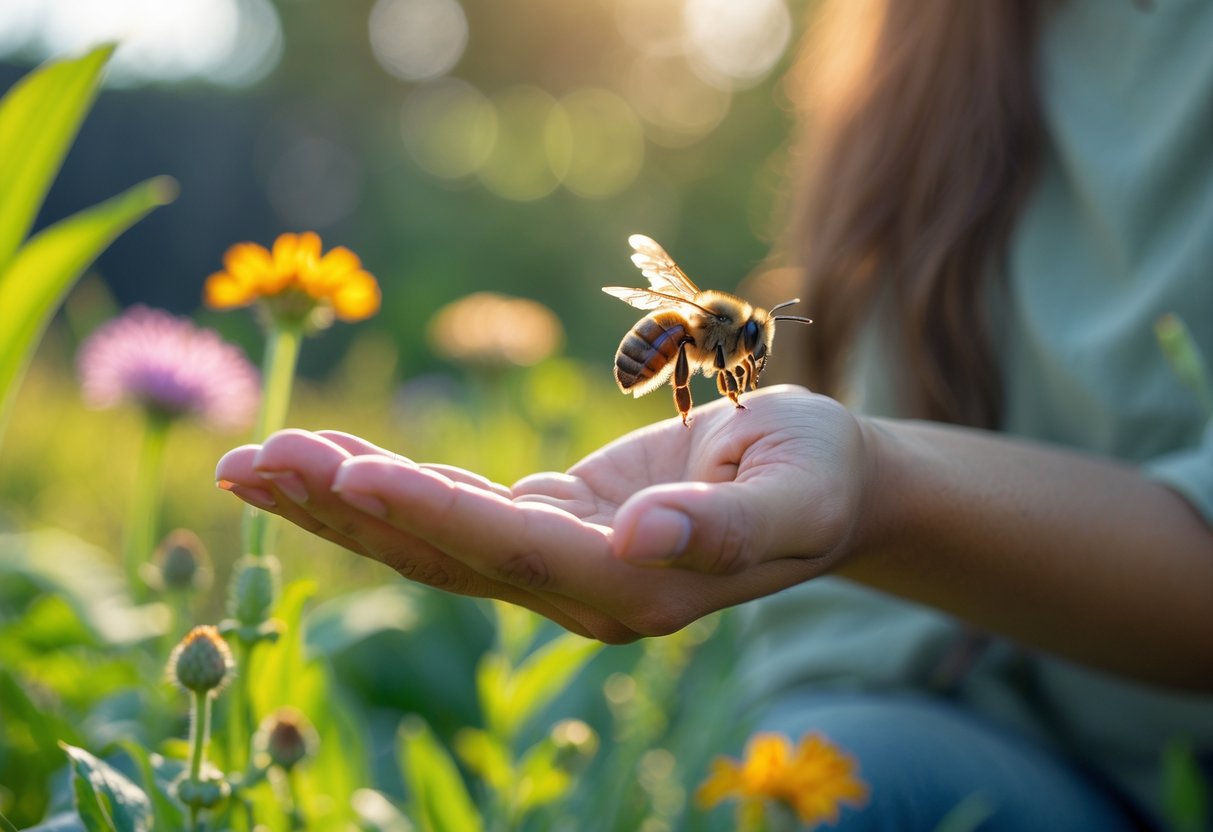 A person outdoors with a bee landing on their outstretched hand surrounded by flowers and greenery.